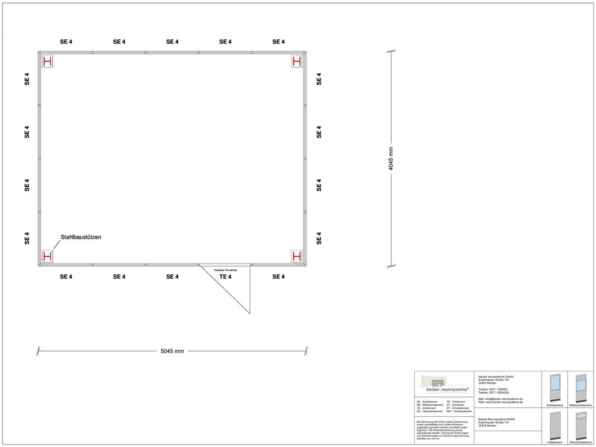 Zeichnung für Hallenbüro als Doppelstock 4-seitig 5,00 x 4,00 m System RS 45 von Becker Raumsysteme - Artikel HD4-5040