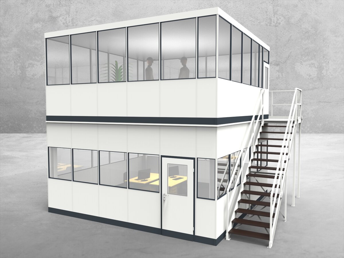 Aussenansicht für Hallenbüro als Doppelstock 4-seitig 5,50 x 5,50 m System RS 45 von Becker Raumsysteme - Artikel HD4-5555