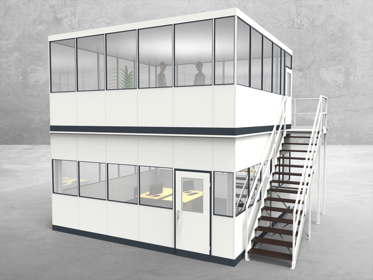 Aussenansicht für Hallenbüro als Doppelstock 4-seitig 5,50 x 5,50 m System RS 45 von Becker Raumsysteme - Artikel HD4-5555
