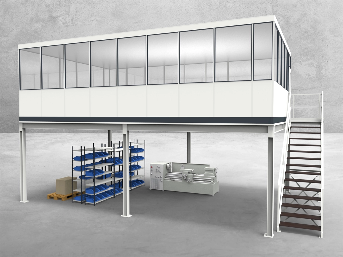 Aussenansicht für Hallenbüro auf Stahlbau 4-seitig 8,50 x 5,50 m System RS 45 von Becker Raumsysteme - Artikel HS4-8555