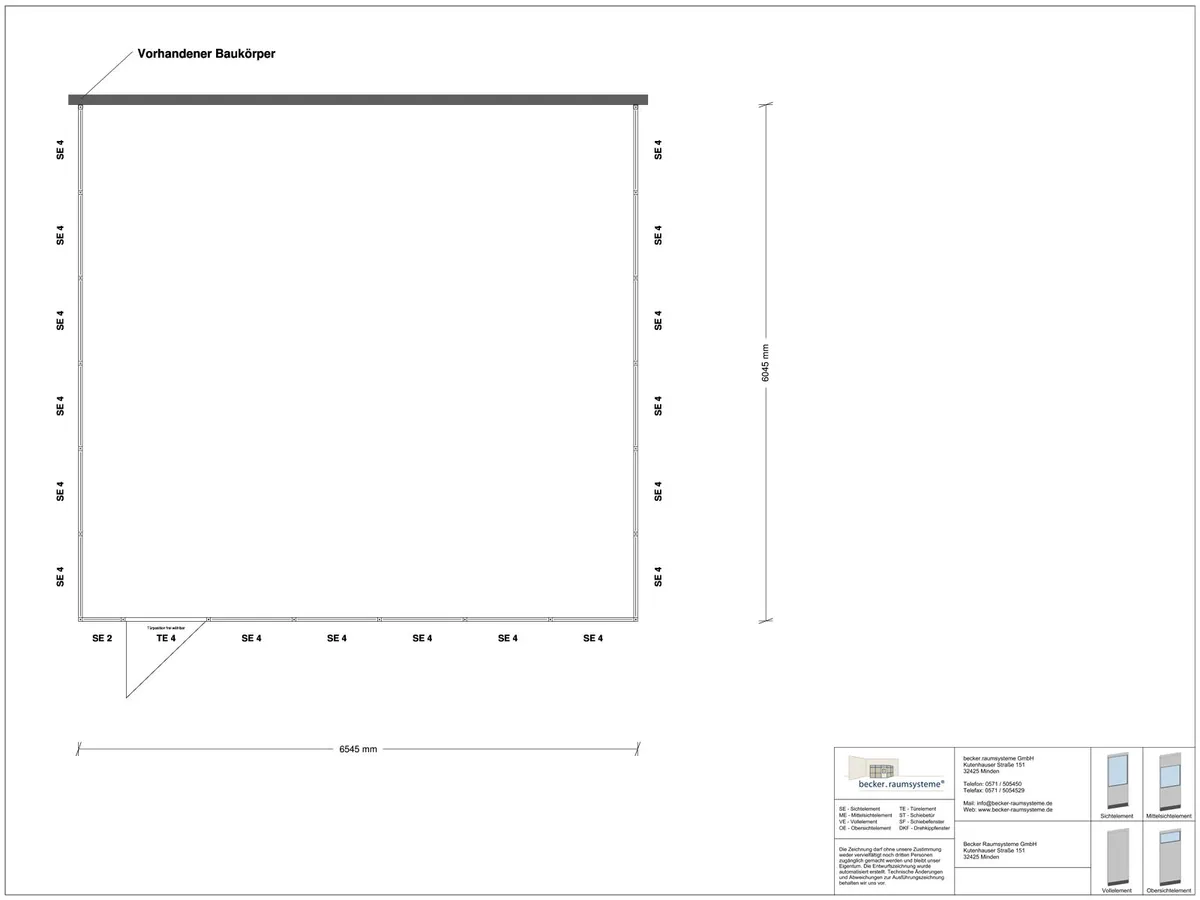 Zeichnung für Hallenbüro 3-seitig 6,50 x 6,00 m System RS 45 von Becker Raumsysteme - Artikel HB3-6560