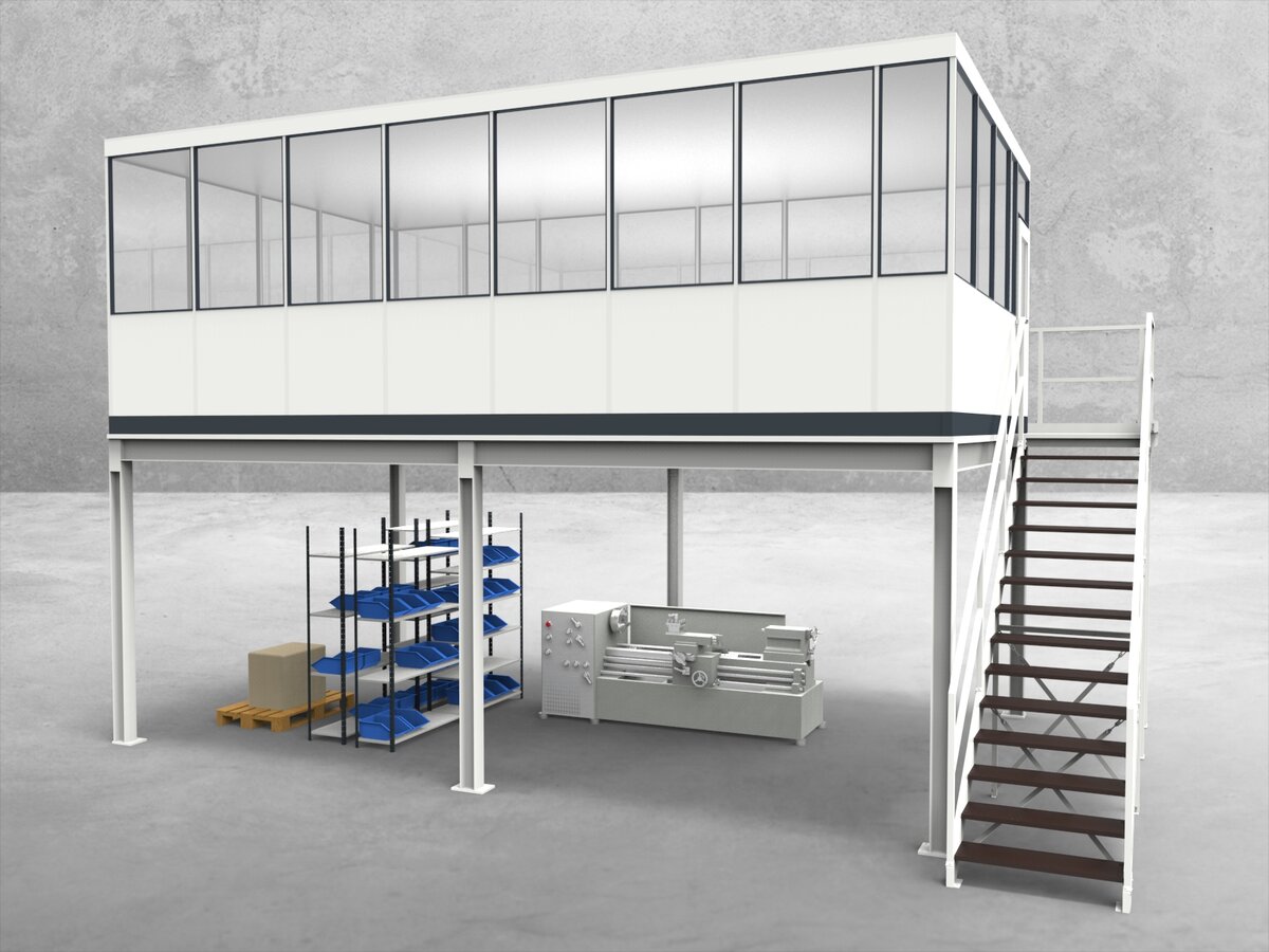 Aussenansicht für Hallenbüro auf Stahlbau 4-seitig 7,50 x 4,50 m System RS 45 von Becker Raumsysteme - Artikel HS4-7545