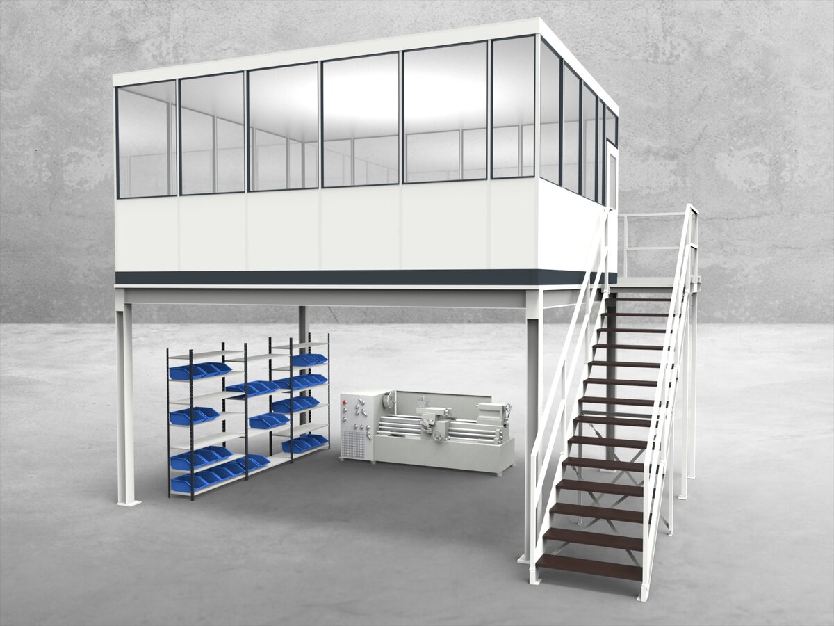 Aussenansicht für Hallenbüro auf Stahlbau 4-seitig 5,50 x 4,50 m System RS 45 von Becker Raumsysteme - Artikel HS4-5545