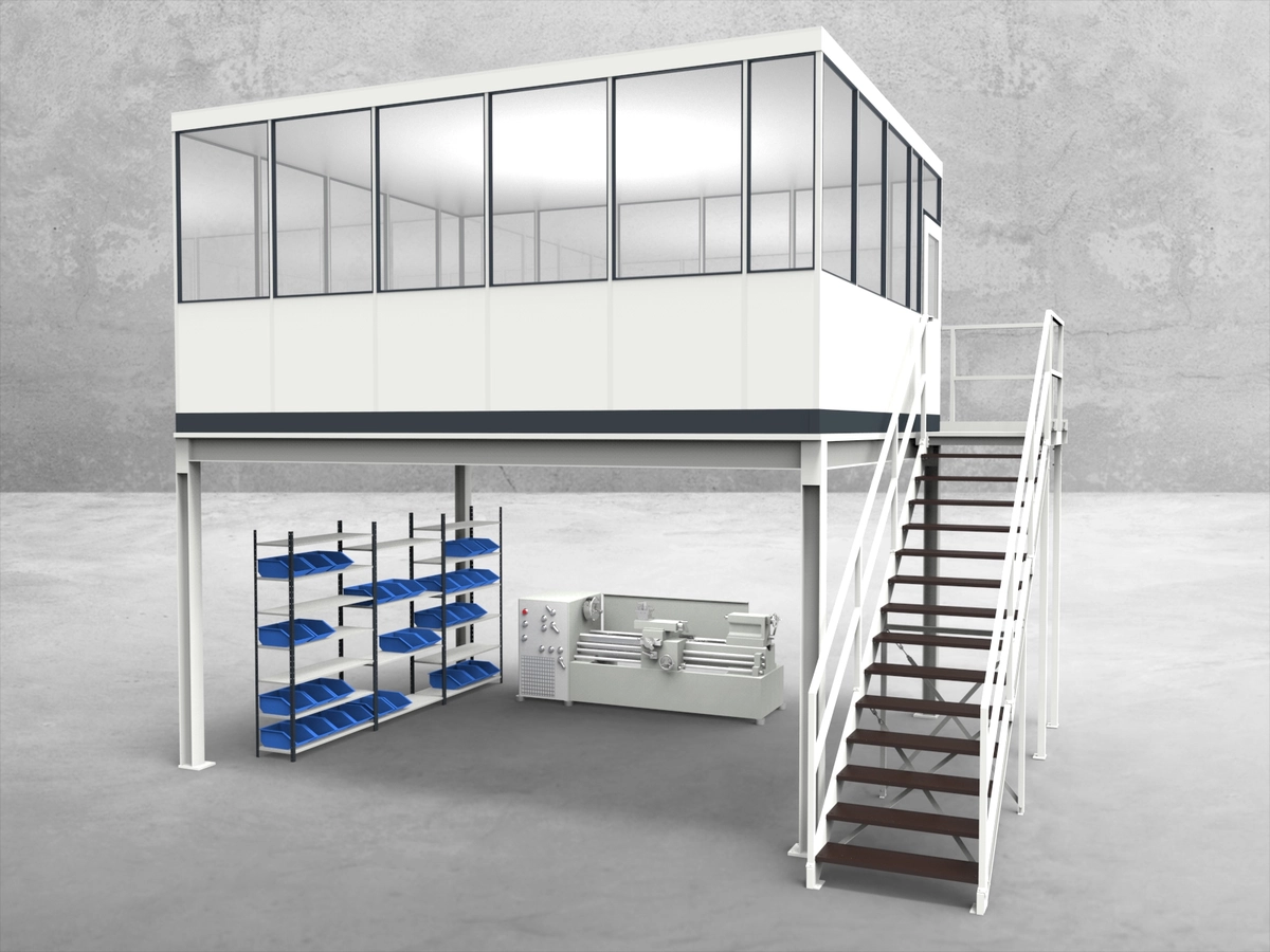 Aussenansicht für Hallenbüro auf Stahlbau 4-seitig 5,50 x 4,50 m System RS 45 von Becker Raumsysteme - Artikel HS4-5545