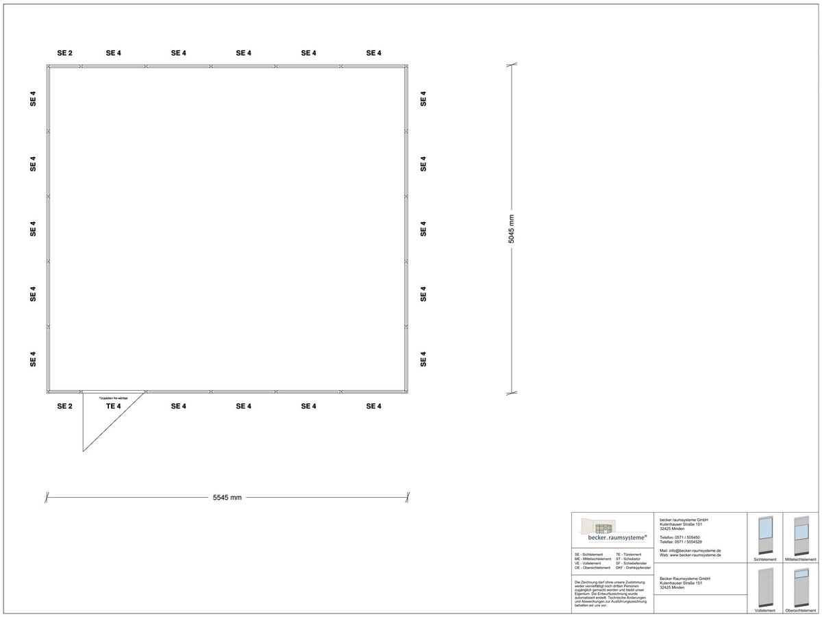 Zeichnung für Stellwand 4-seitig 5,50 x 5,00 m System RS 45 von Becker Raumsysteme - Artikel SW4-5550