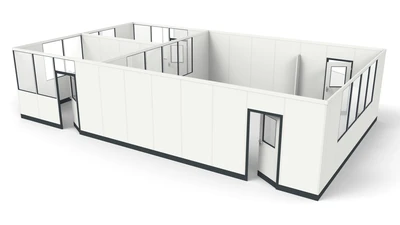 Stellwände mit mehreren Räumen aus Vollelementen und Sichtelementen Stellwände mit mehreren Räumen und Türen aus Vollelementen und Sichtelementen