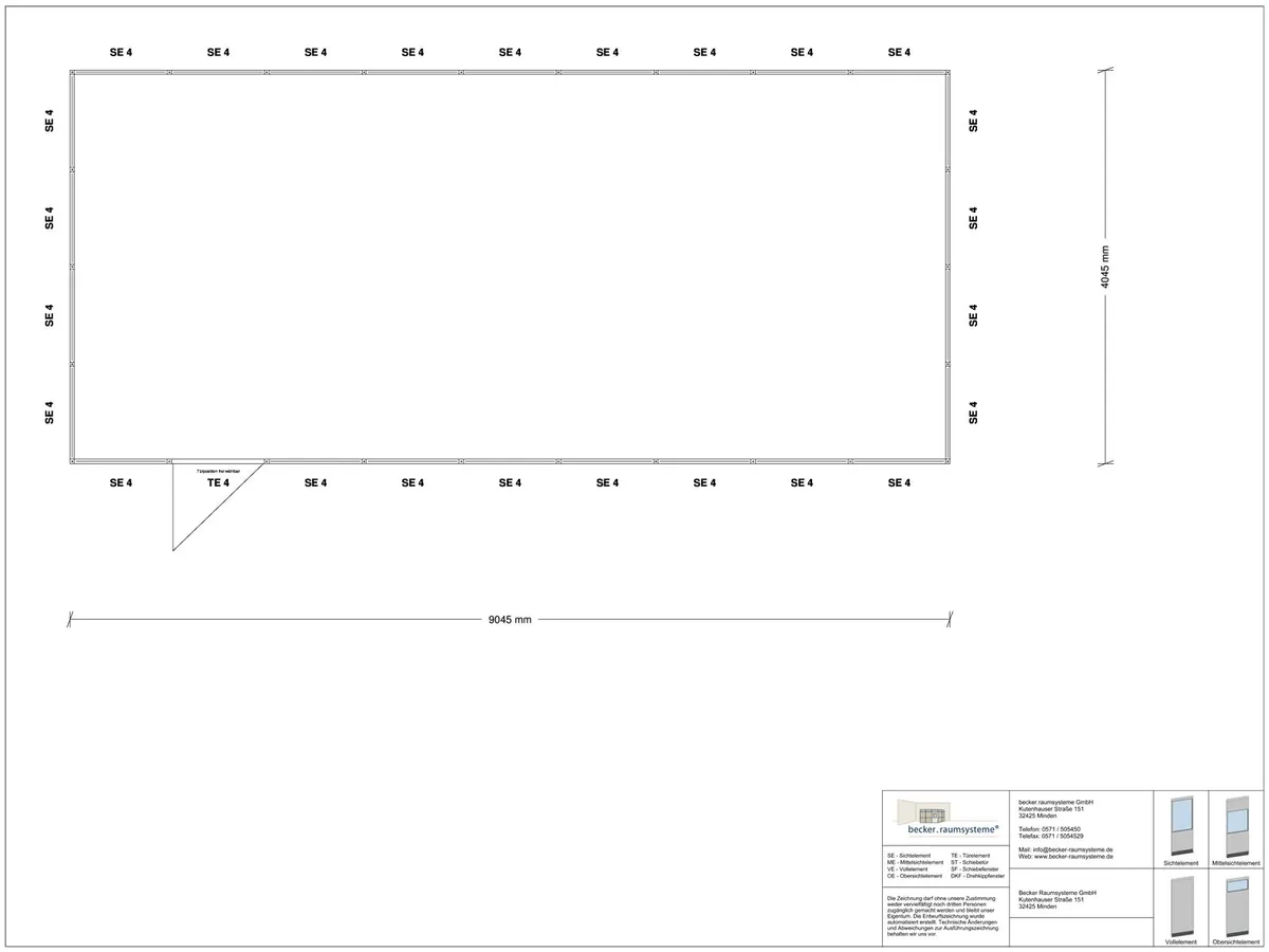 Zeichnung für Stellwand 4-seitig 9,00 x 4,00 m System RS 45 von Becker Raumsysteme - Artikel SW4-9040