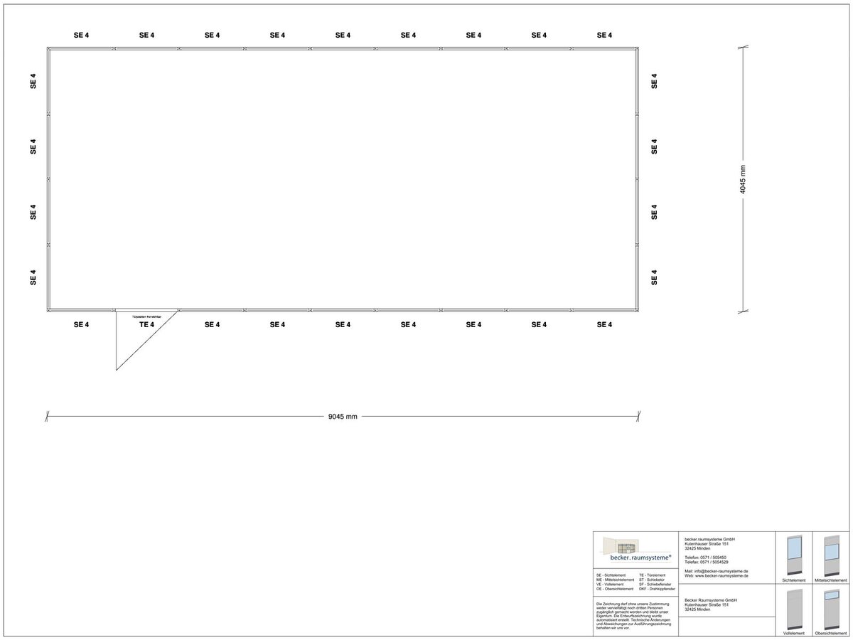 Zeichnung für Stellwand 4-seitig 9,00 x 4,00 m System RS 45 von Becker Raumsysteme - Artikel SW4-9040