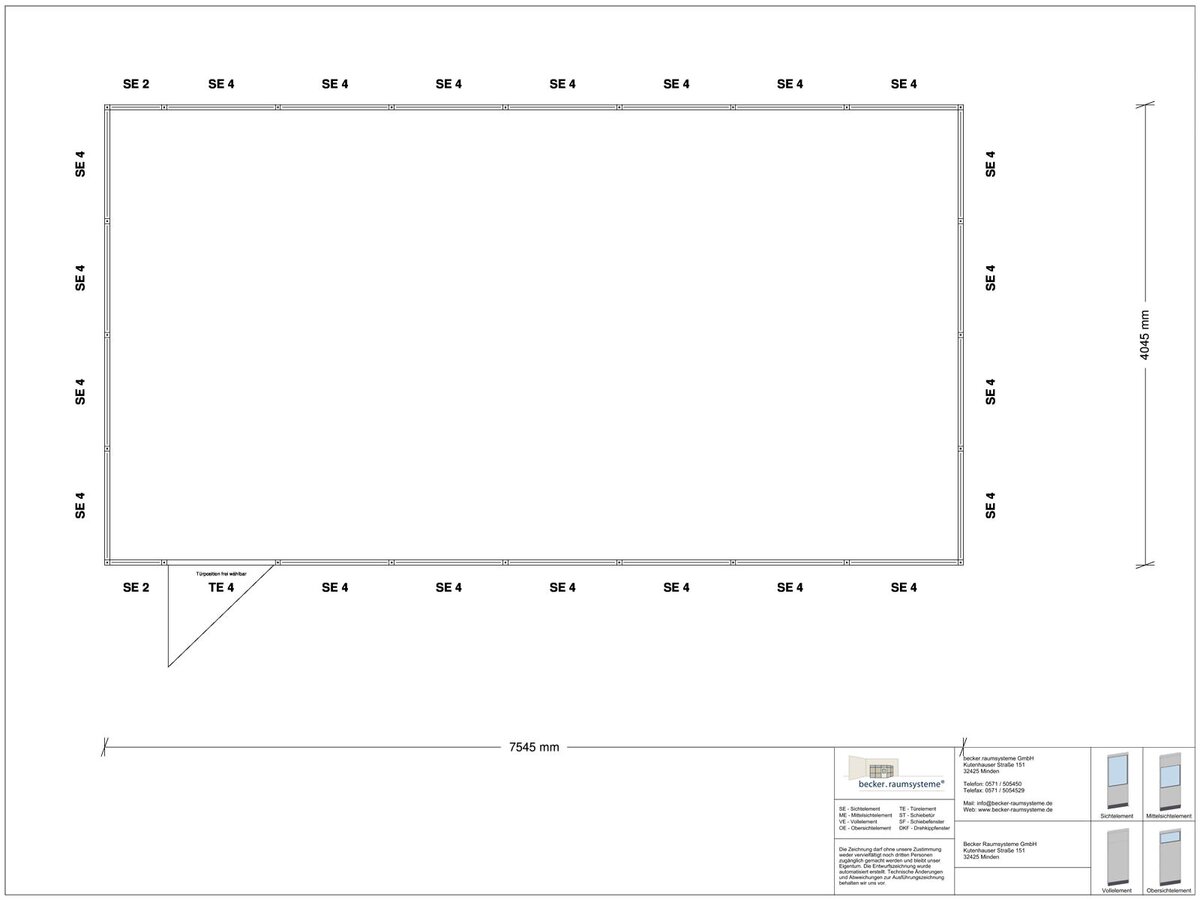 Zeichnung für Hallenbüro 4-seitig 7,50 x 4,00 m System RS 45 von Becker Raumsysteme - Artikel HB4-7540