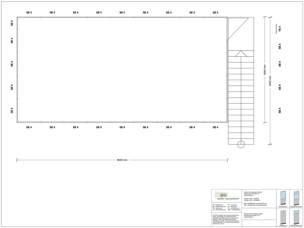 Zeichnung für Hallenbüro als Doppelstock 4-seitig 9,00 x 4,50 m System RS 45 von Becker Raumsysteme - Artikel HD4-9045