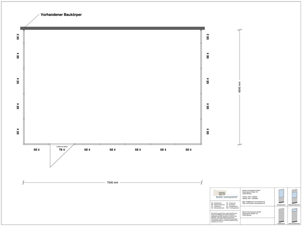 Zeichnung für Hallenbüro 3-seitig 7,00 x 4,50 m System RS 45 von Becker Raumsysteme - Artikel HB3-7045