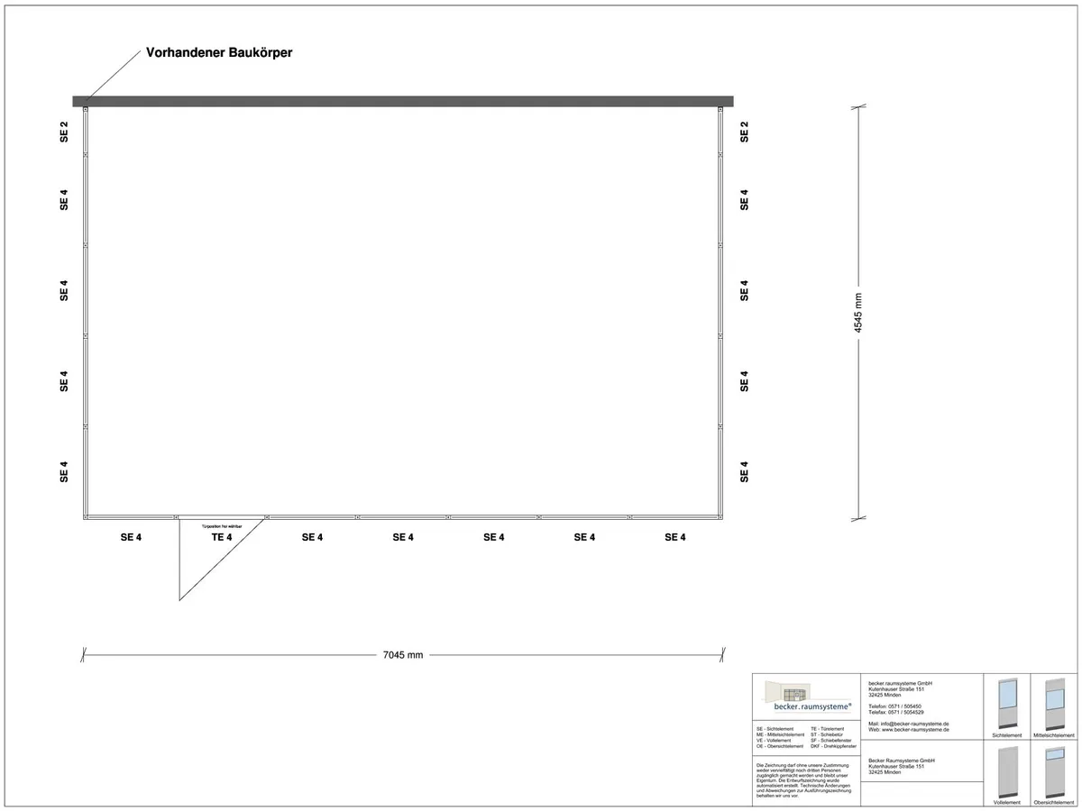 Zeichnung für Hallenbüro 3-seitig 7,00 x 4,50 m System RS 45 von Becker Raumsysteme - Artikel HB3-7045