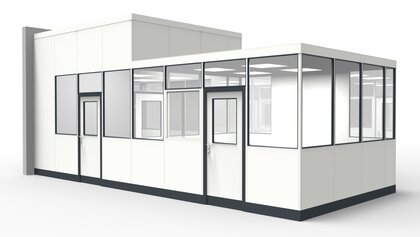 Hallenbüro, Systemraum modular errichtet in einer Industriehalle Hallenbüro, Systemraum in Industriehalle als Abtrennungen vom Produktionsprozess
