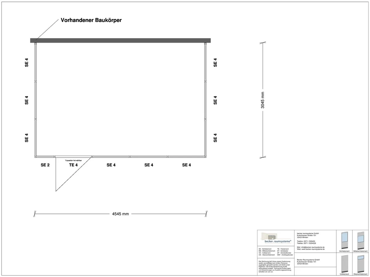 Zeichnung für Hallenbüro 3-seitig 4,50 x 3,00 m System RS 45 von Becker Raumsysteme - Artikel HB3-4530