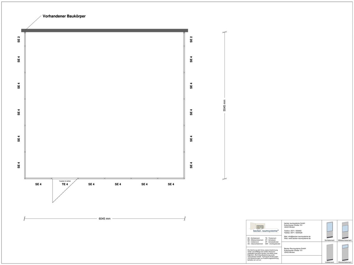 Zeichnung für Hallenbüro 3-seitig 6,00 x 5,50 m System RS 45 von Becker Raumsysteme - Artikel HB3-6055
