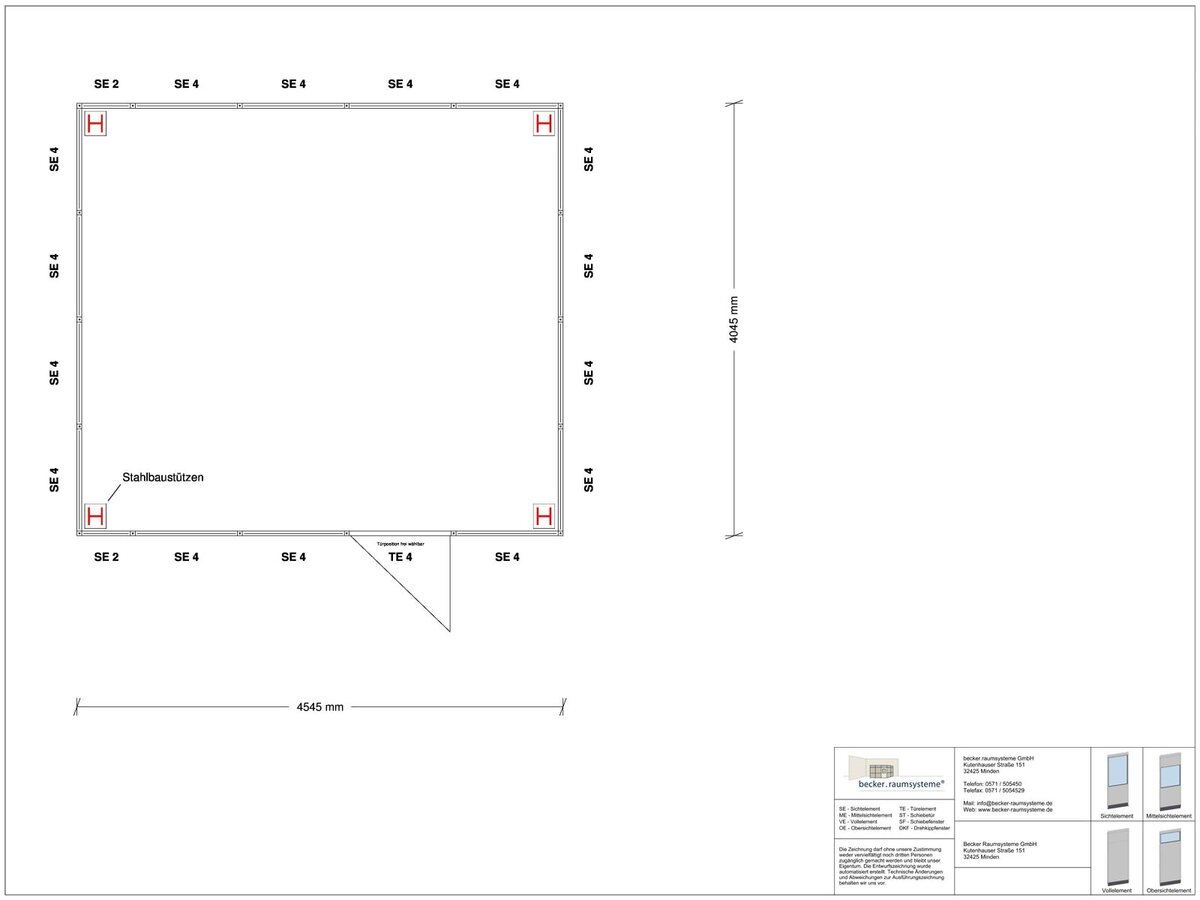 Zeichnung für Hallenbüro als Doppelstock 4-seitig 4,50 x 4,00 m System RS 45 von Becker Raumsysteme - Artikel HD4-4540