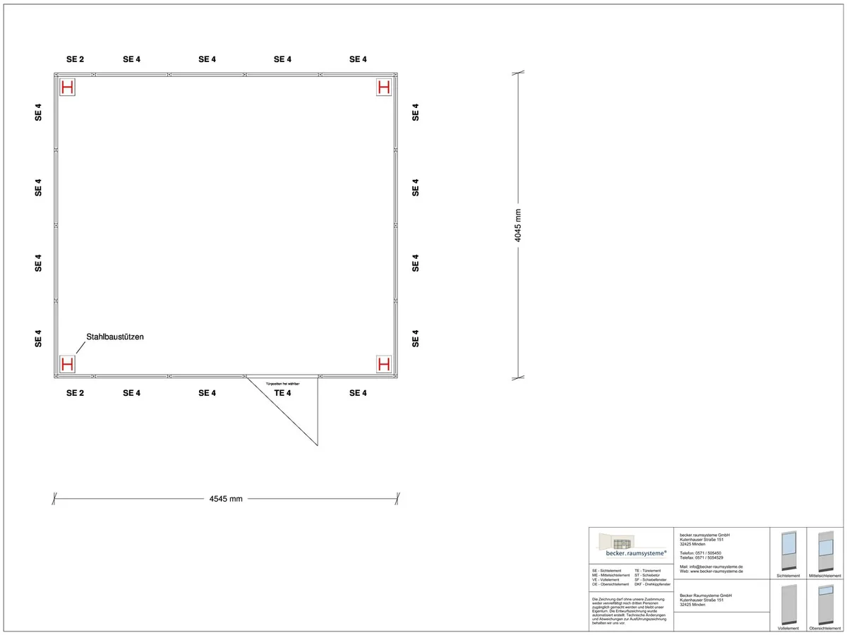 Zeichnung für Hallenbüro als Doppelstock 4-seitig 4,50 x 4,00 m System RS 45 von Becker Raumsysteme - Artikel HD4-4540