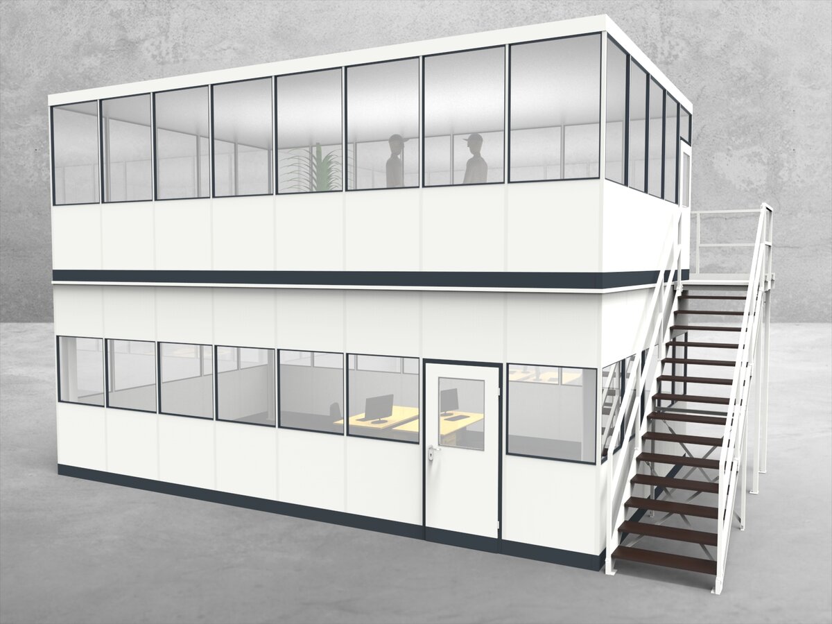 Aussenansicht für Hallenbüro als Doppelstock 4-seitig 8,00 x 5,00 m System RS 45 von Becker Raumsysteme - Artikel HD4-8050