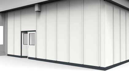 Hallentrennwand in der Industriehalle mit verstärkten Stützen aus Vollelementen Hallentrennwand in der Industriehalle mit verstärkten Stützen aus geschlossenen Vollelementen und Deckenabschluss