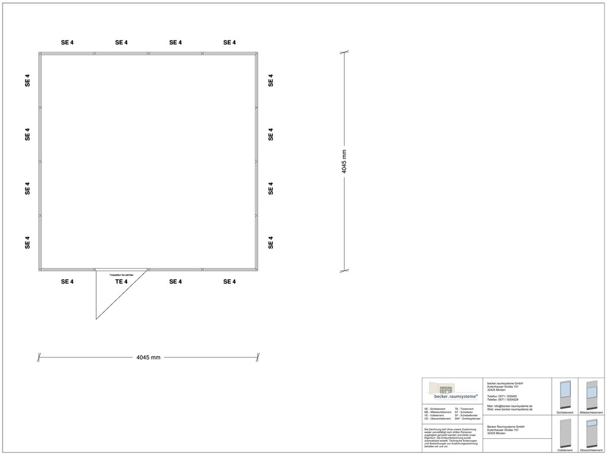 Zeichnung für Stellwand 4-seitig 4,00 x 4,00 m System RS 45 von Becker Raumsysteme - Artikel SW4-4040