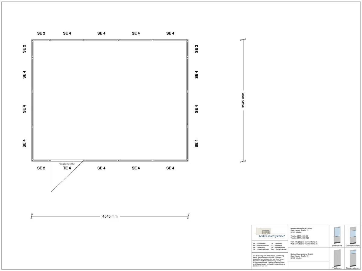 Zeichnung für Hallenbüro 4-seitig 4,50 x 3,50 m System RS 45 von Becker Raumsysteme - Artikel HB4-4535