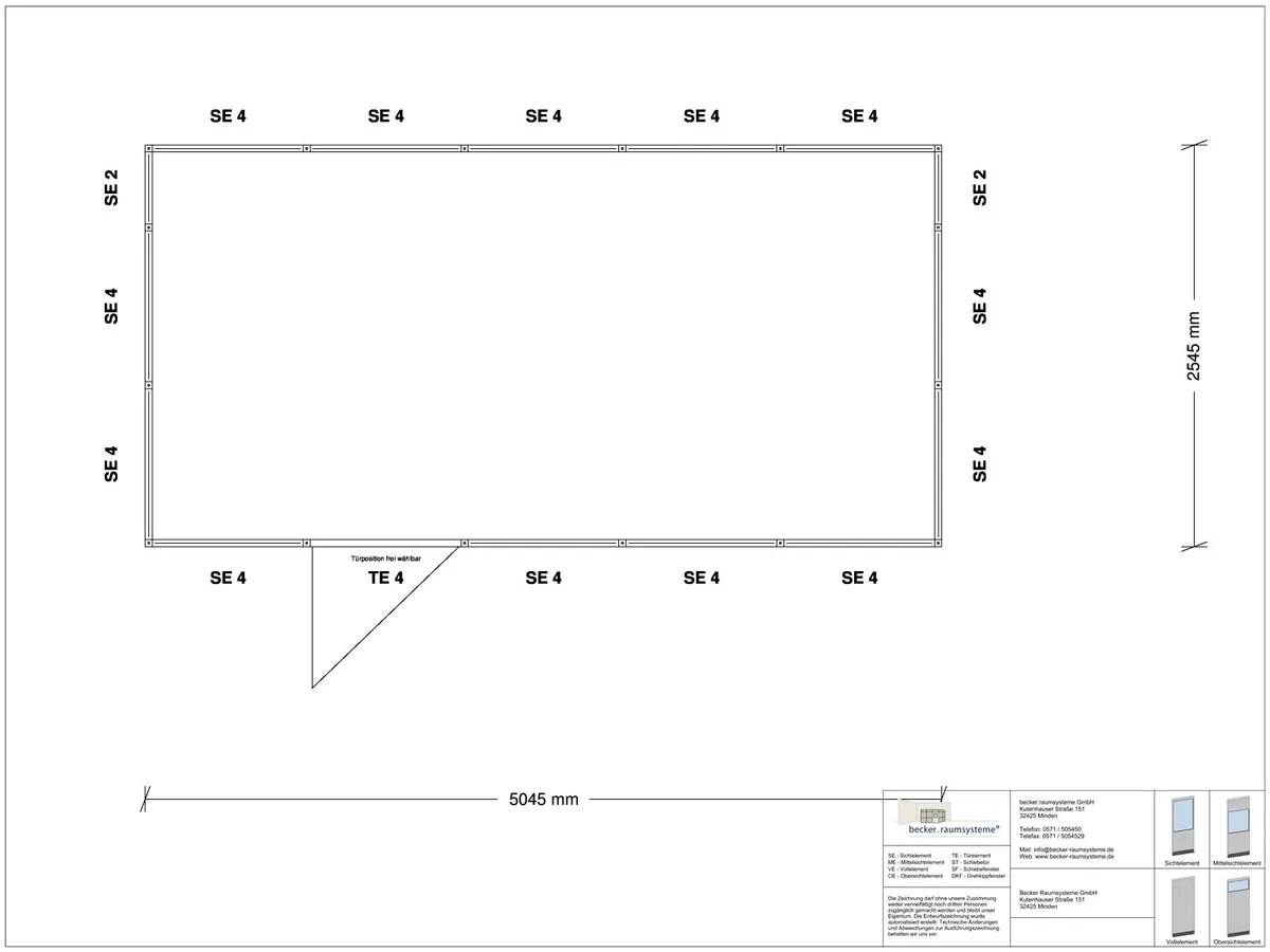 Zeichnung für Hallenbüro 4-seitig 5,00 x 2,50 m System RS 45 von Becker Raumsysteme - Artikel HB4-5025