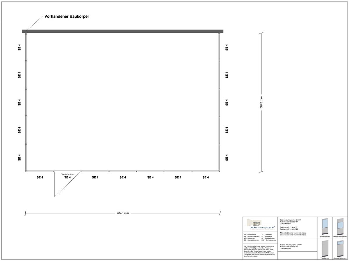 Zeichnung für Hallenbüro 3-seitig 7,00 x 5,00 m System RS 45 von Becker Raumsysteme - Artikel HB3-7050