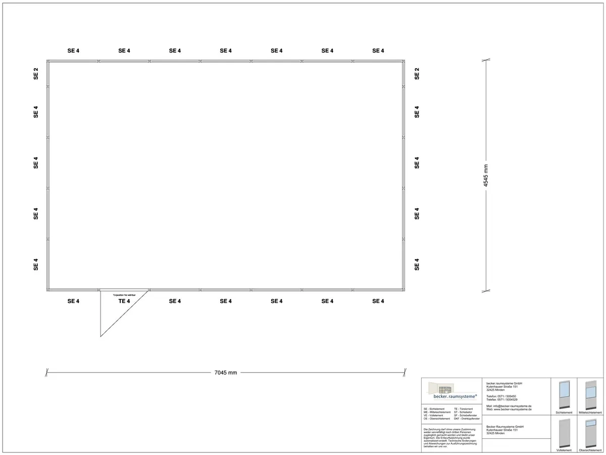 Zeichnung für Hallenbüro 4-seitig 7,00 x 4,50 m System RS 45 von Becker Raumsysteme - Artikel HB4-7045