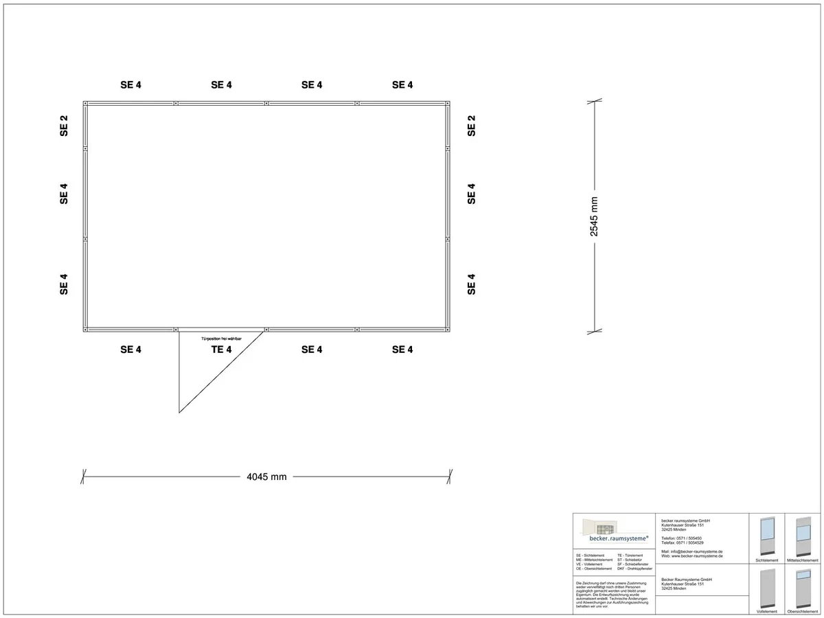 Zeichnung für Hallenbüro 4-seitig 4,00 x 2,50 m System RS 45 von Becker Raumsysteme - Artikel HB4-4025