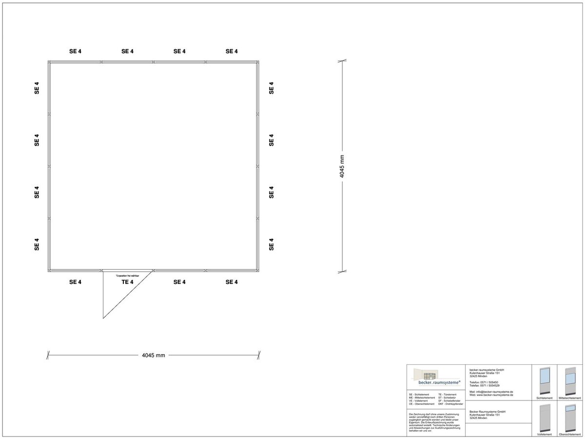 Zeichnung für Hallenbüro 4-seitig 4,00 x 4,00 m System RS 45 von Becker Raumsysteme - Artikel HB4-4040