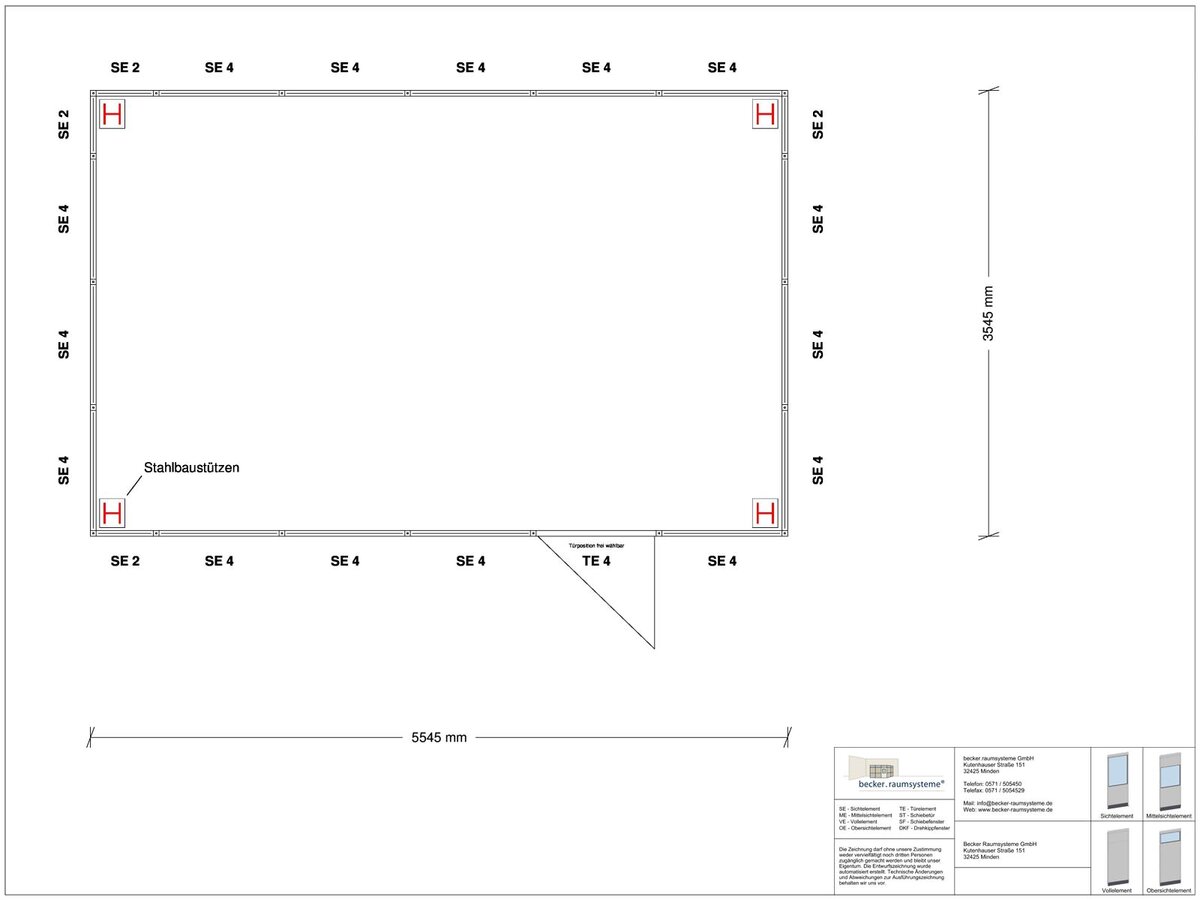 Zeichnung für Hallenbüro als Doppelstock 4-seitig 5,50 x 3,50 m System RS 45 von Becker Raumsysteme - Artikel HD4-5535