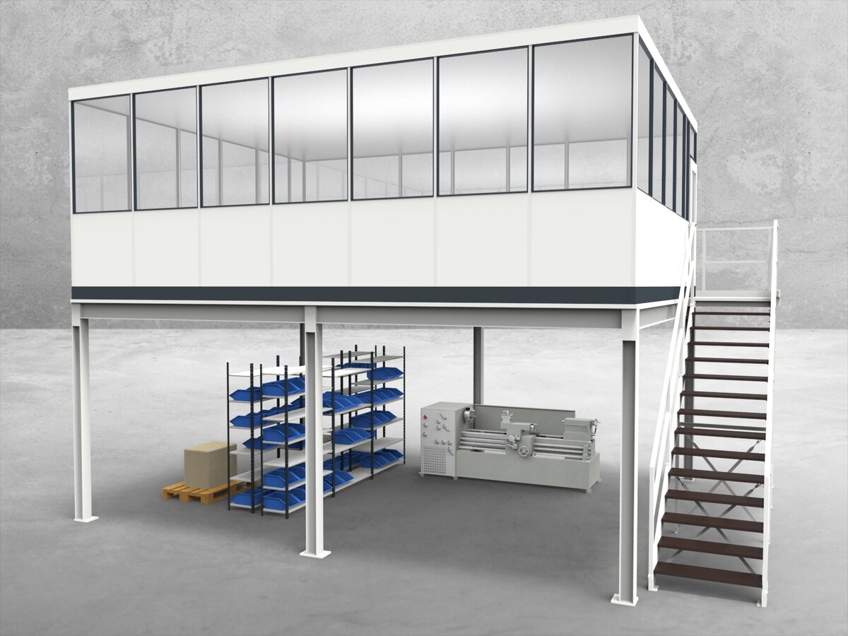 Aussenansicht für Hallenbüro auf Stahlbau 4-seitig 7,00 x 5,50 m System RS 45 von Becker Raumsysteme - Artikel HS4-7055