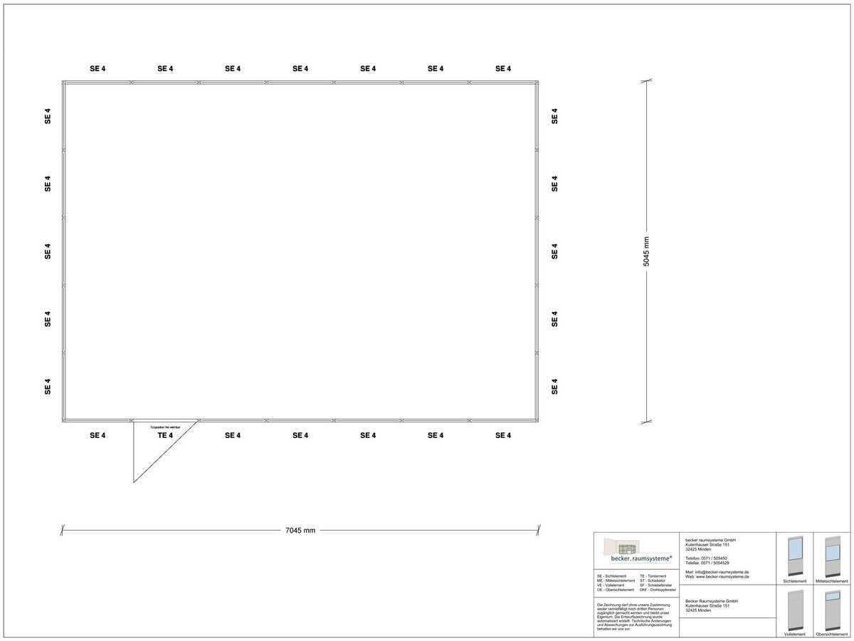 Zeichnung für Hallenbüro 4-seitig 7,00 x 5,00 m System RS 45 von Becker Raumsysteme - Artikel HB4-7050