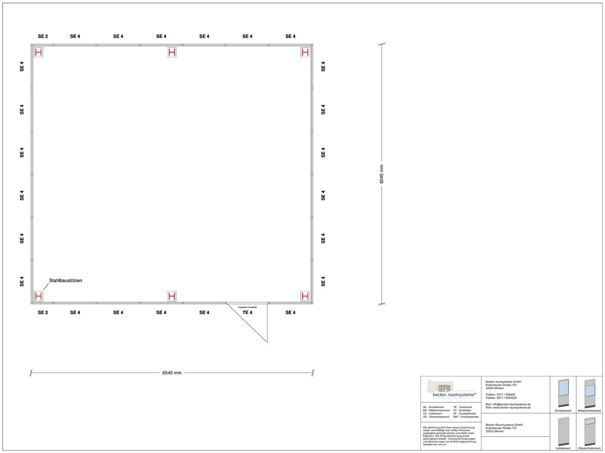 Zeichnung für Hallenbüro als Doppelstock 4-seitig 6,50 x 6,00 m System RS 45 von Becker Raumsysteme - Artikel HD4-6560