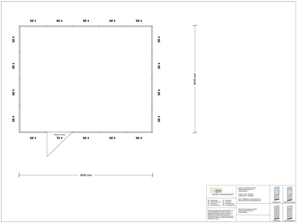 Zeichnung für Stellwand 4-seitig 5,00 x 4,00 m System RS 45 von Becker Raumsysteme - Artikel SW4-5040