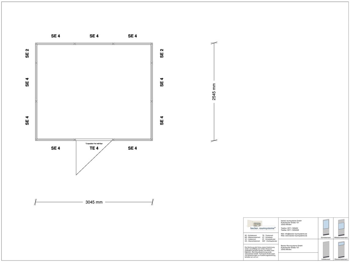 Zeichnung für Hallenbüro 4-seitig 3,00 x 2,50 m System RS 45 von Becker Raumsysteme - Artikel HB4-3025