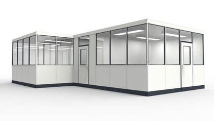Hallenbüro, Systemraum modular errichtet in einer Industriehalle Hallenbüro, Systemraum in Industriehalle als Abtrennungen vom Produktionsprozess
