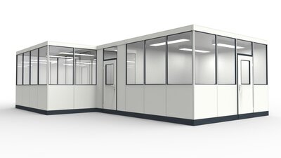 Hallenbüro, Systemraum modular errichtet in einer Industriehalle Hallenbüro, Systemraum in Industriehalle als Abtrennungen vom Produktionsprozess