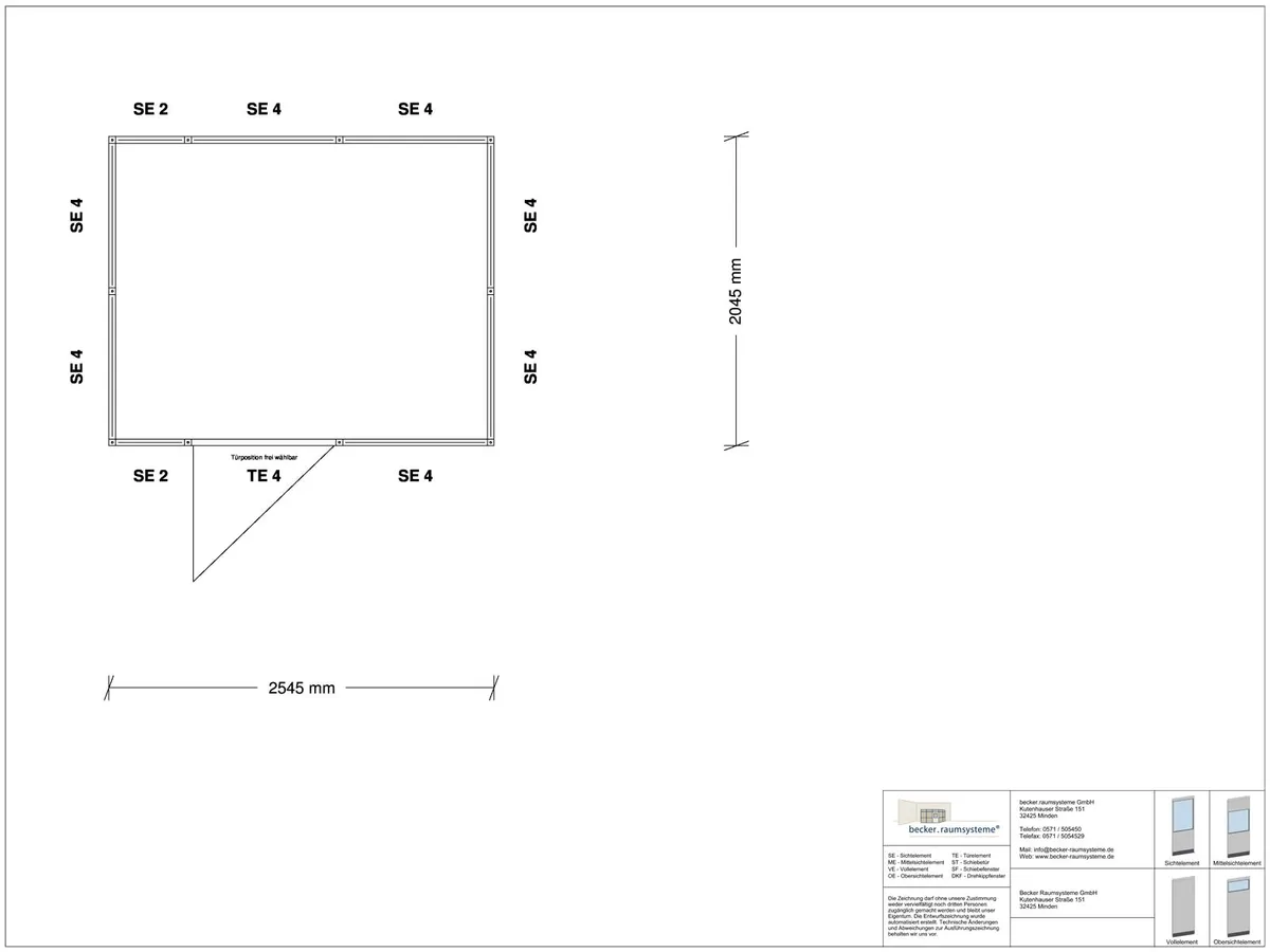 Zeichnung für Stellwand 4-seitig 2,50 x 2,00 m System RS 45 von Becker Raumsysteme - Artikel SW4-2520
