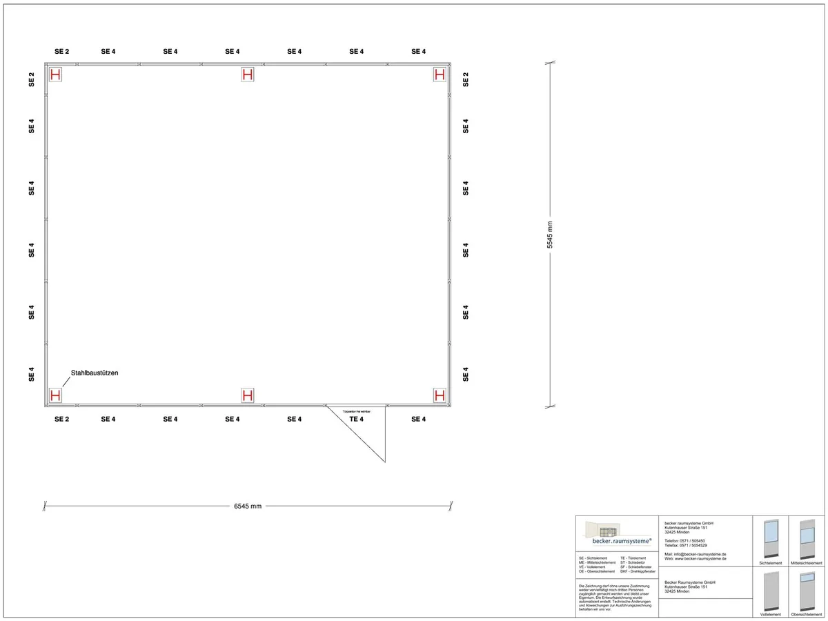 Zeichnung für Hallenbüro als Doppelstock 4-seitig 6,50 x 5,50 m System RS 45 von Becker Raumsysteme - Artikel HD4-6555