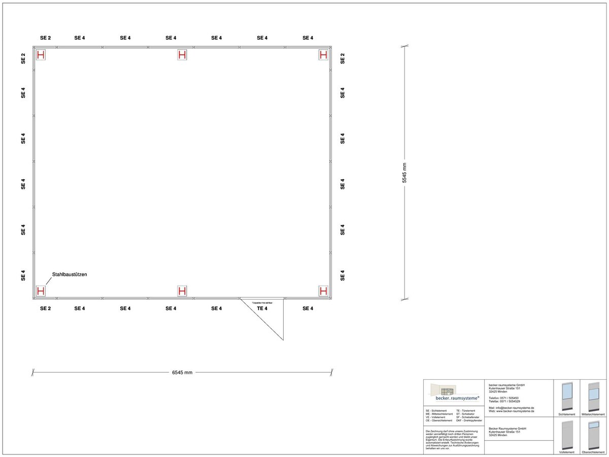 Zeichnung für Hallenbüro als Doppelstock 4-seitig 6,50 x 5,50 m System RS 45 von Becker Raumsysteme - Artikel HD4-6555