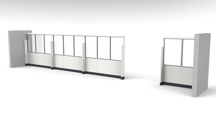 Stellwand aus Sichtelementen und Stützelementen Stellwand aus Sichtelementen und Stützelementen mit einer Wandöffnung als Durchfahrt für einen Gabelstapler