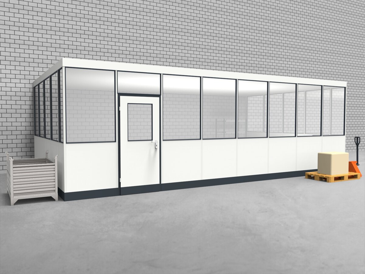 Aussenansicht für Hallenbüro 3-seitig 7,50 x 6,00 m System RS 45 von Becker Raumsysteme - Artikel HB3-7560