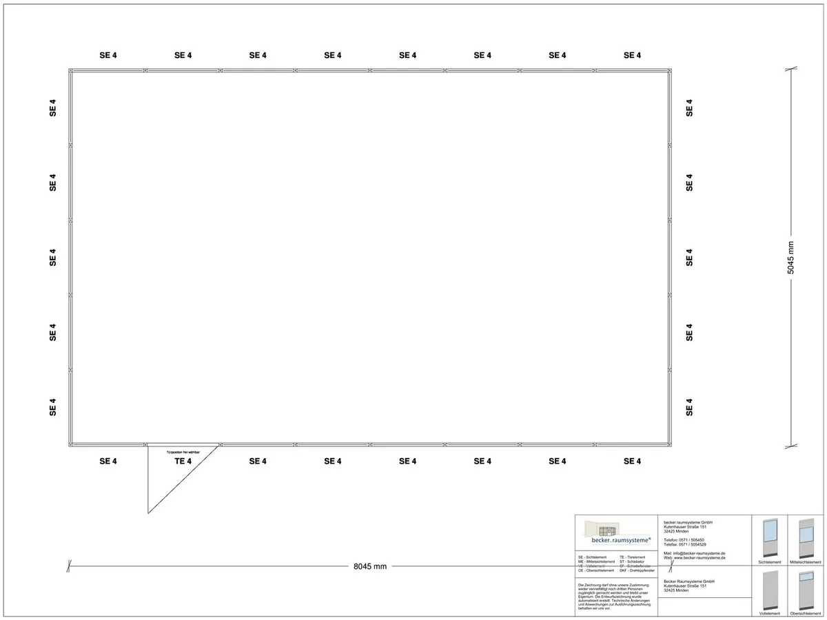 Zeichnung für Hallenbüro 4-seitig 8,00 x 5,00 m System RS 45 von Becker Raumsysteme - Artikel HB4-8050