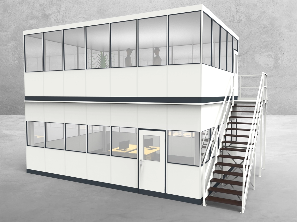 Aussenansicht für Hallenbüro als Doppelstock 4-seitig 7,00 x 5,00 m System RS 45 von Becker Raumsysteme - Artikel HD4-7050