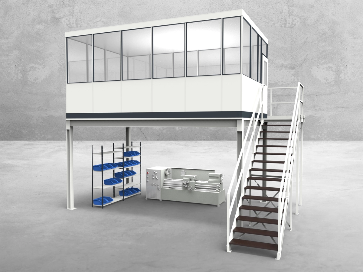 Aussenansicht für Hallenbüro auf Stahlbau 4-seitig 5,50 x 3,50 m System RS 45 von Becker Raumsysteme - Artikel HS4-5535