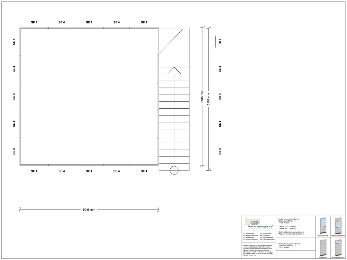 Zeichnung für Hallenbüro auf Stahlbau 4-seitig 5,00 x 5,00 m System RS 45 von Becker Raumsysteme - Artikel HS4-5050