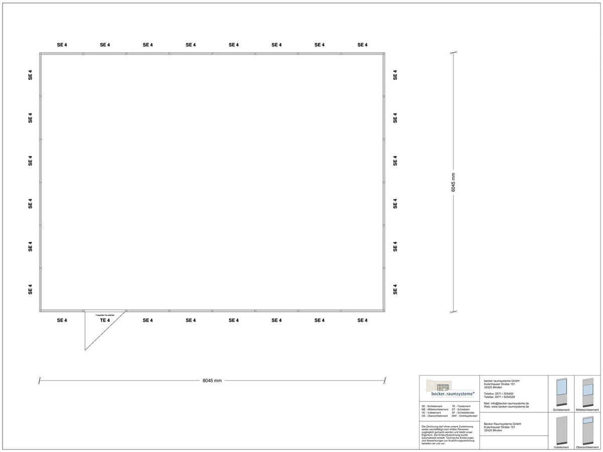 Zeichnung für Hallenbüro 4-seitig 8,00 x 6,00 m System RS 45 von Becker Raumsysteme - Artikel HB4-8060