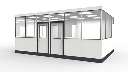 Meisterkabine aus vorgefertigten Bauteilen Meisterkabine für die Industrie aus modularen Bauteilen in einer Lagerhalle