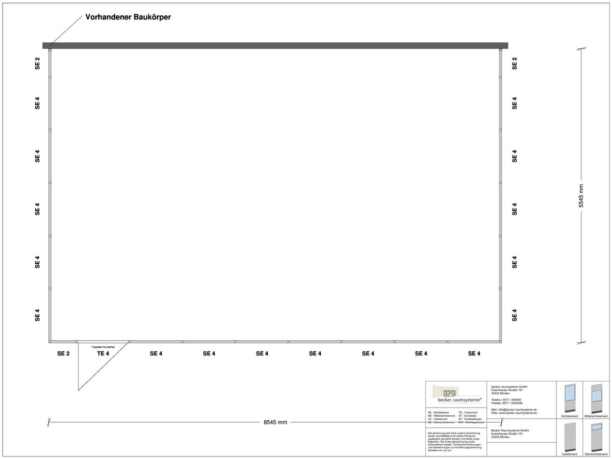 Zeichnung für Hallenbüro 3-seitig 8,50 x 5,50 m System RS 45 von Becker Raumsysteme - Artikel HB3-8555